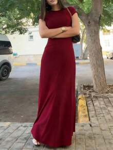 Vestido ajustado de cintura sólido para vacaciones y viajes casuales de verano para mujer - Burdeos - Ver 5