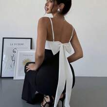 Women's Elegant Minimalist Exquisite Romantic Sweet Wedding Ceremony Party Vacation Backless Colorblock Bow Decor Black & White Spaghetti Strap Long Dress, Spring/Summer,Party Dress Fashion Clothing Summer Outfits Spring Outfits For Women  Wedding Guest Dress  Summer Holiday - Blanco y Negro - Ver 8