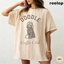 Camiseta Casual de Manga Corta para Mujer, Estilo Veraniego, para Vacaciones, Doodle Coffee Club, Cómoda y Fresca ®   Camiseta, Camiseta para Perro Labradoodle, Regalos para Mamá de Goldendoodle, Labradoodle - Albaricoque - Ver 4