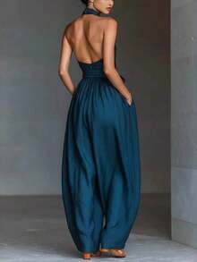 Mono pantalón amplio de lino de moda mujer europeo, tirantes cruzados, cordón ajustable, corte favorecedor y casual elegante - Azul - Ver 3