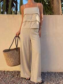 Conjunto de 2 piezas de top de tirantes con volantes y pantalones sueltos casuales de verano para mujer - Beis - Ver 5