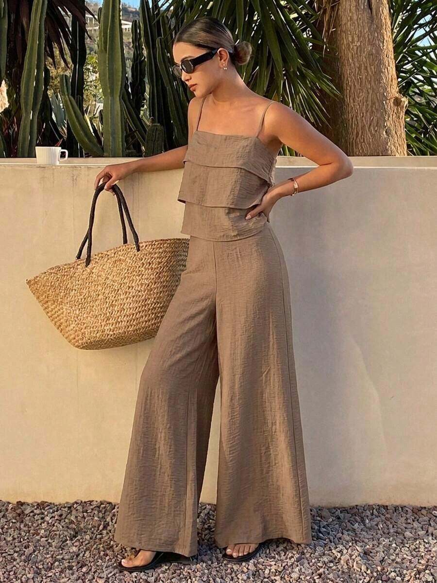 Conjunto de 2 piezas de top de tirantes con volantes y pantalones sueltos casuales de verano para mujer - Marrón - Ver 1