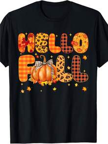 Plus Size, Women's Extra Large T-Shirt 0XL-5XL - 100% Soft And Breathable T-Shirt For Autumn And Halloween With Pumpkin And Leopard Print And HELLO FALL Text - Casual Short Sleeve Crew Neck Top For Thanksgiving, Casual Outfit - Plus Size Women's Fashion - 黑色 - 查看 7