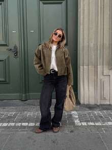 Chaqueta casual suelta de manga larga de ante sintético de un solo pecho para mujer, adecuada para usar en primavera. Chaqueta militar corta de mujer con botones de metal en los bolsillos, adecuada para usar en primavera y otoño. - Verde militar - Ver 5