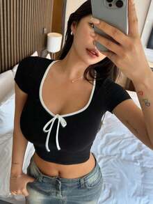 Parte superior corta de cuello redondo con bloqueo de color y autolazada, con ajuste ceñido, estilo Y2K, para verano, para mujeres - Negro - Ver 6
