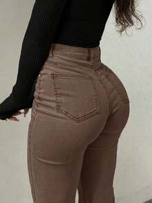 Pantalones vaqueros acampanados de talle alto con estilo Y2K, pantalones casuales elegantes de unicolor y elásticos para mujeres, moda callejera de mezclilla marrón para primavera - Marrón - Ver 1