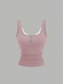 Camiseta de tirantes casual de mujer con parches de encaje - Rosa - Ver 8