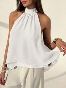Camiseta sin mangas de gasa con cuello halter, fruncida y con línea A, de estilo bohemio minimalista y sexy, color morado berenjena, para primavera/verano - Blanco - Ver 7