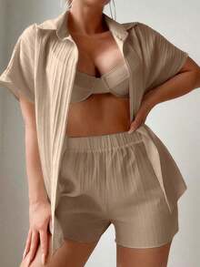 Swim Basics Conjunto casual de camisa tipo kimono y pantalones cortos de unicolor para mujer - Albaricoque - Ver 5