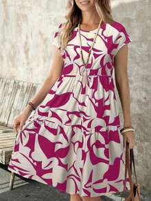 Vestido corto con cuello redondo y manga corta de estampado geométrico, casual para mujer, adecuado para primavera/verano - Rosa Fucsia - Ver 6