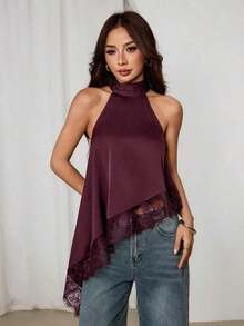 Blusa sin mangas elegante y formal con cuello halter asimétrico, adorno de encaje y hombros descubiertos para fiesta, cóctel, boda o salida nocturna en verano y otoño - Burdeos - Ver 9
