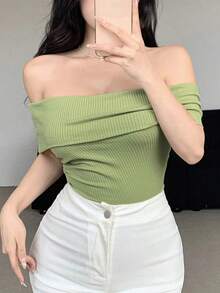Blusa/Camiseta ajustada de hombros descubiertos con estampado de lunares para mujer - Verde - Ver 9