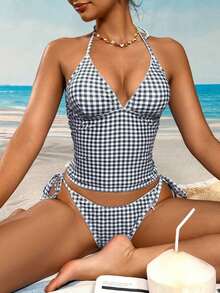 Swim Mod Conjunto de bikini a cuadros de cereza dulce - Negro - Ver 5