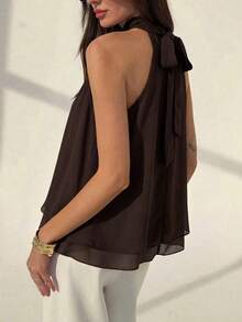 Blusa sin mangas de unicolor elegante y brillante para mujer, de verano - Café integral - Ver 2