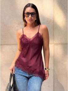 Camiseta sin mangas asimétrica de encaje con contraste de unicolor para mujer, elegante top holgado sin mangas casual de verano - Burdeos - Ver 1