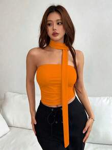 Top de bandeau fruncida con estampado de leopardo y bufanda - Naranja - Ver 6
