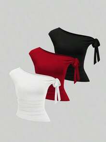 Sweetro Set de 3 camisetas casuales de mujer en unicolor con hombros oblicuos y cómodas - Multicolor 13 - Ver 10