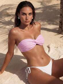 Top de bikini bandeau de un solo color con efecto retorcido - Rosa Pálido - Ver 5