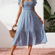 Square Neck Ditsy Floral Casual Summer Short Sleeve Dress Maxi Vacation Beach Outfits Women - Marrón - Ver 7