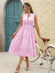 Vestido largo de línea A con cuello en pico y estampado de rayas, atuendo de vacaciones y playa para mujeres - Rosa - Ver 4