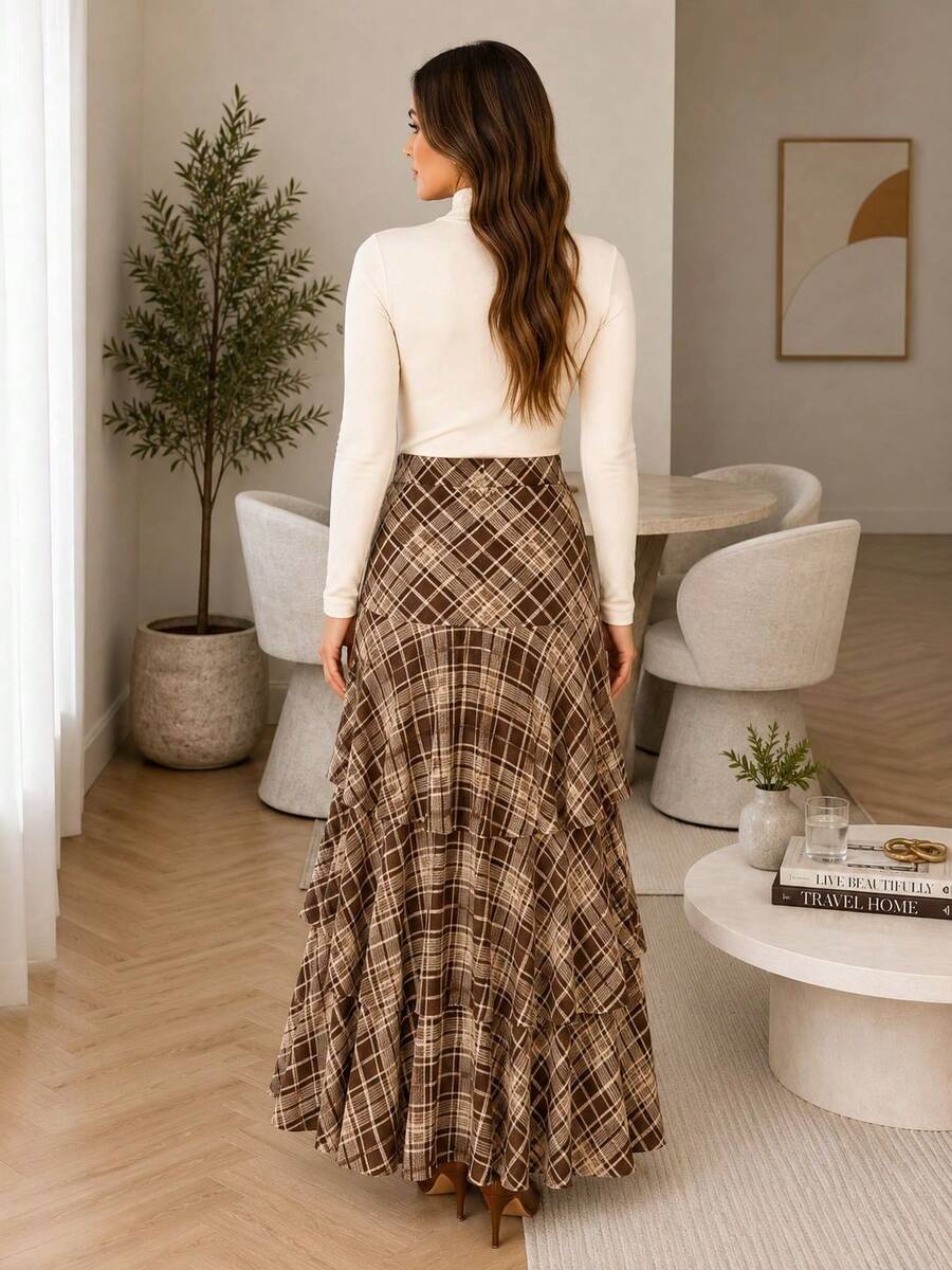 Women's Long Plaid Skirt, High Waist, Ruffles, Slit, Elegant Winter Fashion - Mocha Brown - View 1