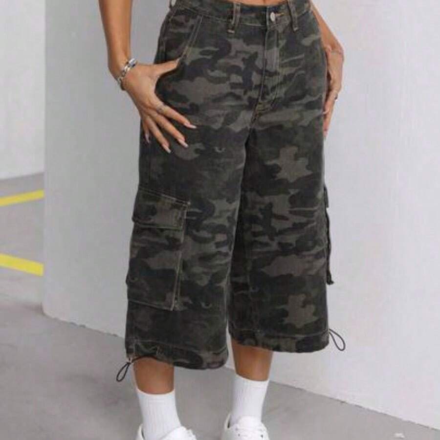 ICON Women's Camouflage Patterned Casual Denim Pants With Pockets, Summer - Verde militar - Ver 1
