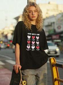 Women's Summer Clothing, Soft Cotton Casual T-Shirt With Round Neck, 9 Heart Print With The Phrase "GOD SAYS I AM". White Color. - 黑色 - 查看 1
