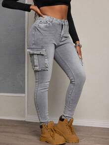 Pantalones de mezclilla skinny cargo lavado, elásticos, con múltiples bolsillos, efecto levantador de glúteos, control abdominal y puños ajustados - Gris - Ver 4