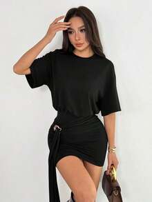 Vestido camiseta con detalle de anillo de drapeado, falda ajustada, hombros cuadrados, corte holgado, estilo casual, elegante y sexy para salir, otoño, primavera y verano, color toffee, ideal para Navidad y Acción de Gracias, con estilo chic - Negro - Ver 4