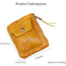 Vintage Style Handmade Top Grain Leather Wallet - Carved Minimalist Short Card Holder With Coin Pouch - Yellow - View 4