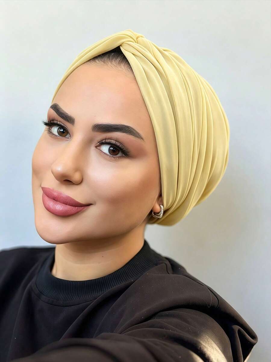 1 buah Turban Kemoterapi Klasik Wanita Warna Polos, Desain Lipit Elastis Tinggi, Kain Bernapas Anti Selip, Jilbab Lipit Berlapis, Bahan Rajut Modal Lembut dan Nyaman, Cocok untuk Pemakaian Sehari-hari - Kuning Lemon - View 1