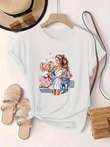 Women's Casual Short Sleeve Crew Neck T-Shirt - Family Portrait Print For Mother's Day With Pink Hearts, Soft And Breathable Fabric, Machine Washable, Comfortable Fit For All Seasons, Durable Casual Wear, Ladies' T-Shirts - 白色 - 查看 1