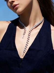 1pc Fashionable Sparkling Leaf-Shaped Adjustable Choker Necklace, Elegant Accessory For Formal Dresses - Silver - View 2