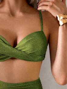 Bộ bikini hai mảnh màu trơn mùa hè, gợi cảm, thanh lịch kiểu Bohemian với dây đeo mảnh, bộ đồ đi biển ngọt ngào cho kỳ nghỉ. - vàng lục - Xem 4