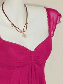 Top sin mangas con volantes, escote con pliegues, ajuste ceñido, parches de malla sexy, espalda con lazo, top casual de vacaciones - Rosa Fucsia - Ver 4
