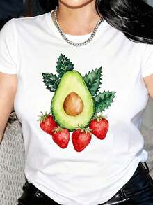 1 camiseta divertida para mujer con estampado de aguacate y fresa - Corte holgado y de gran tamaño, manga corta, cuello redondo, con diseño de frutas humorísticas, camiseta gráfica casual y divertida para Halloween, Día de Acción de Gracias, Navidad - Ropa casual transpirable y estilo vintage urbano, camiseta unisex de algodón de manga corta y cuello redondo. - Blanco - Ver 1