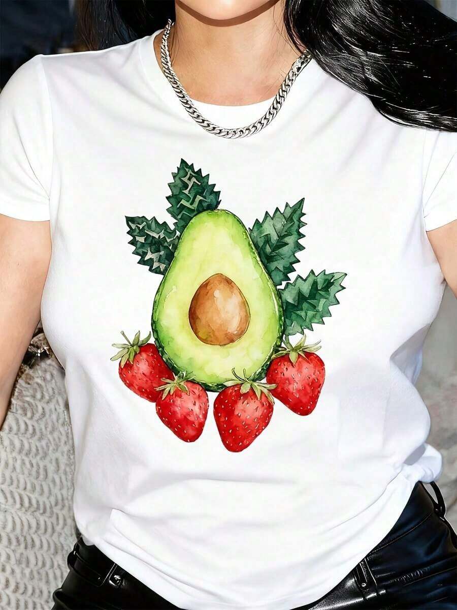 1 camiseta divertida para mujer con estampado de aguacate y fresa - Corte holgado y de gran tamaño, manga corta, cuello redondo, con diseño de frutas humorísticas, camiseta gráfica casual y divertida para Halloween, Día de Acción de Gracias, Navidad - Ropa casual transpirable y estilo vintage urbano, camiseta unisex de algodón de manga corta y cuello redondo. - Blanco - Ver 1