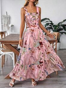 Vestido deslizante casual y elegante con diseño de cintura elástica, lazo de moño y estampado floral para vacaciones y uso diario de mujer - Rosa vieja - Ver 6