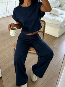 Conjunto de mujer de punto gris para el hogar, top y pantalones casuales simples y de moda para el día a día - Azul Marino - Ver 3