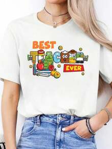 Loose, Simple And Versatile Design, Casual Spring/Summer T-Shirt With Spanish Letter Print, Round Neck, Short Sleeve, Cotton Sports T-Shirt For Women. Cotton Women's T-Shirt, Breathable And Sweat-Absorbent Summer Short Sleeve - 白色的 - 查看 8