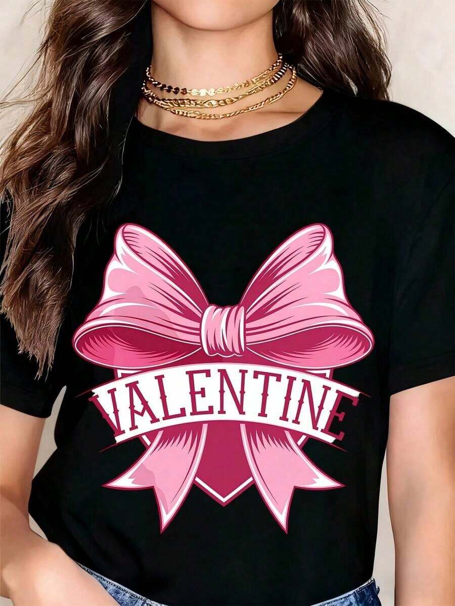 Camiseta de San Valentín con Lazo Rosa y Texto de San Valentín para el Día de San Valentín - Negro - Ver 1