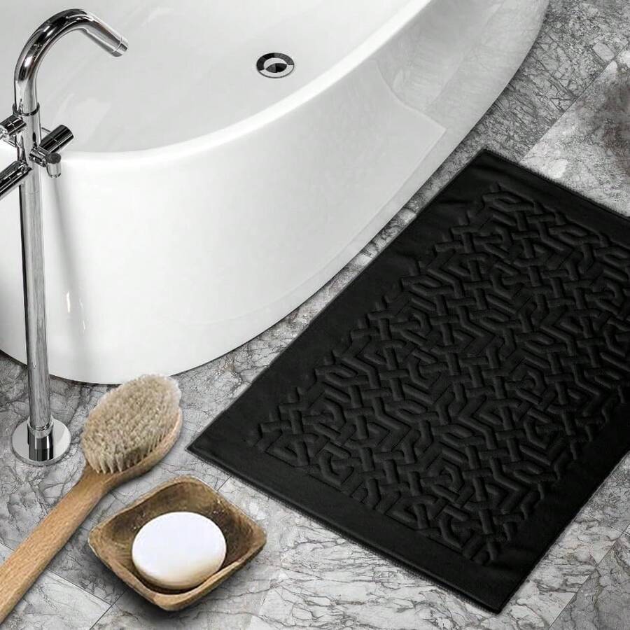 Pack Of 2 Bath Mats For Bathroom Floor – 50x80 Cm Terry Cloth Towelling Rug With Geometric Jacquard Pattern – 900 GSM Hotel Style Mat – Machine Washable - Black - View 1