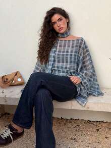 Poncho de mujer con cuello redondo y mangas de murciélago a cuadros, elegante ropa de primavera para damas - Azul marino - Ver 4