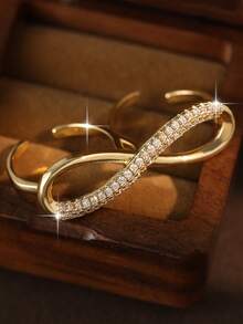 1pc Luxury Shape 8 Infinite Symbol Gold Plated Mitten Rings Funky Cubic Zirconia Openable Ring For Women Daily Decoration Copper Accessories Gift - 8 - View 3