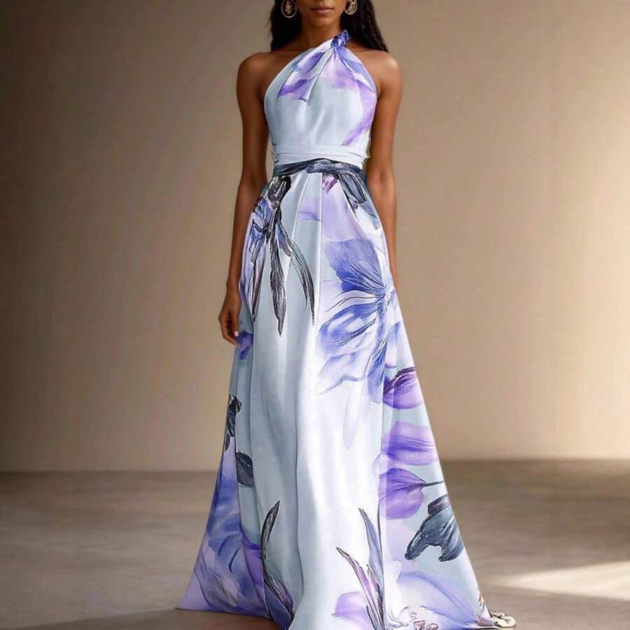 Women's Printed Sleeveless Halter-Neck Elegant Maxi Dress - Perfect For Parties And Vacations - Màu tím hoa cà - Xem 1