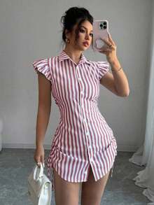 Vestido camisa elegante de vacaciones con mangas acampanadas, cintura fruncida y rayas azules - Rosa - Ver 4