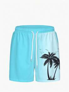 Men's Swim Trunks, Hawaiian Holiday Casual Outdoor Coconut Tree Ombre Pattern 3D Digital Print Relaxed Daily Vacation Single Layer Drawstring Beach Shorts - Baby Blue - View 3