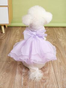2pcs - Lavender Princess Style Big Bow Puff Dress With Gradient Princess Hair Clip, Multi-Layered Tulle Wedding Outfit For Small Dogs, Suitable For Bichon, Yorkshire, Chihuahua And Other Pets, Can Be Worn For Birthday Parties And Photos - Mauve Purple - View 2