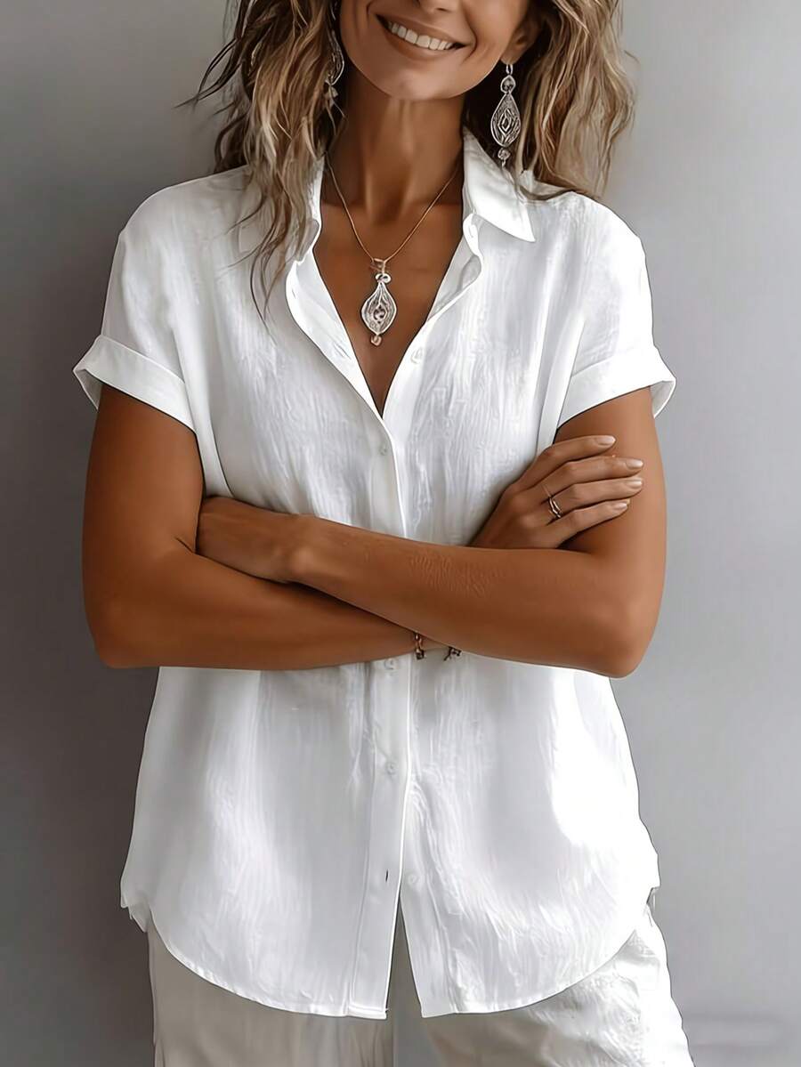 Women's Linen Short Sleeve Shirt Loose Comfortable Casual V-Neck Top White Summer - White - View 1