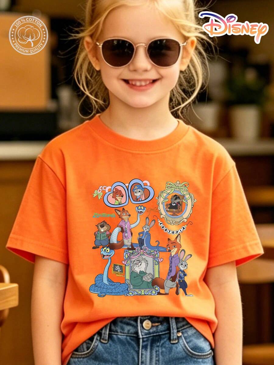 Disney Zootopia Kids T-Shirt, 100% Cotton Judy & Nick Cute Group Characters Graphic Tee, Unisex For Boys & Girls Ages 4-12, Soft Breathable No Fade, Ideal For School Outdoor Sports Casual Wear, Perfect Birthday & Children's Day Gift - 橘色 - 查看 1